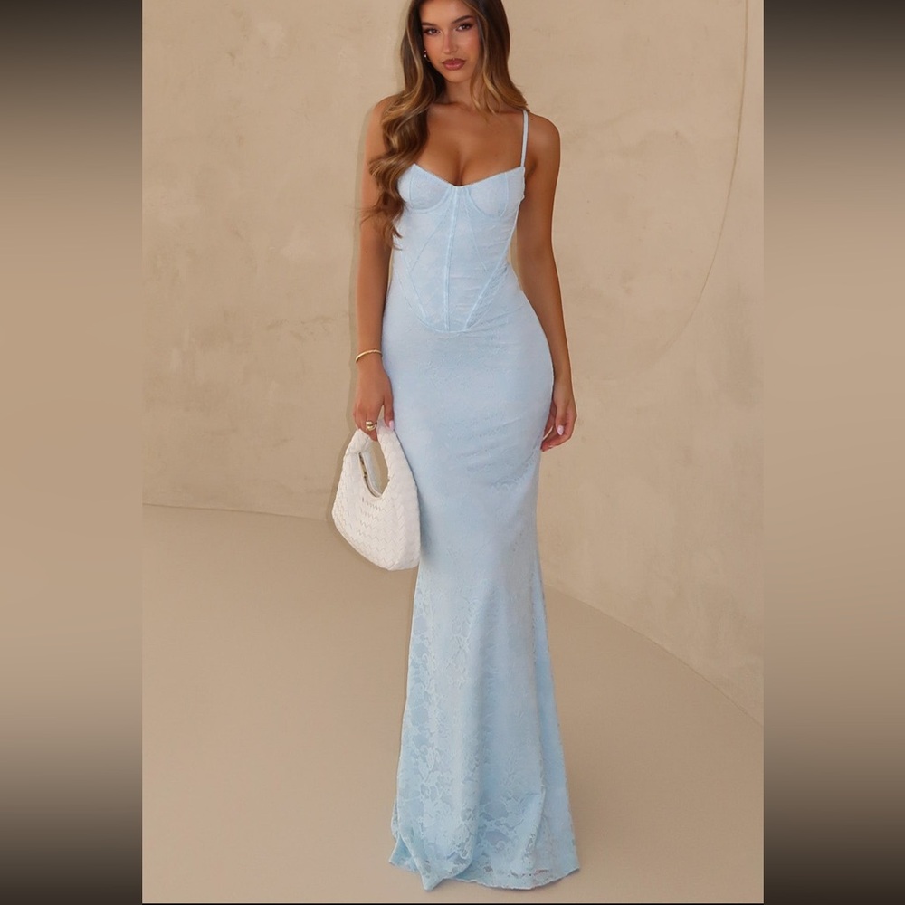 Blossom Belle Light Blue Lace Corset Maxi Dress